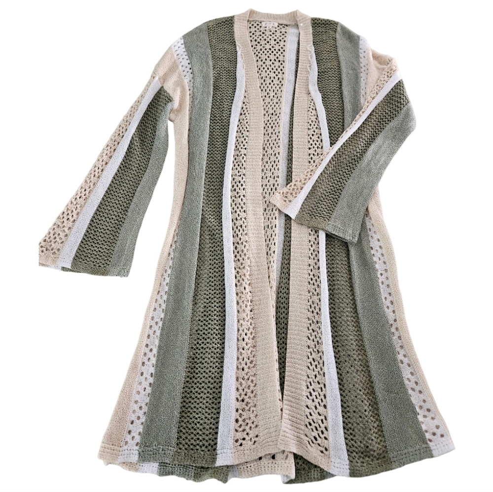 POL Women's Open-Front Crochet Cardigan in Olive, Cream & White SZ S